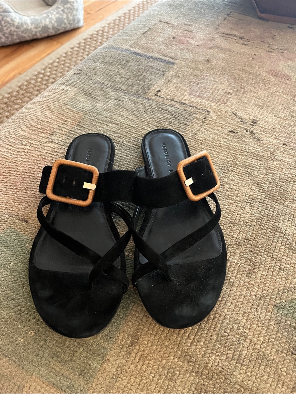 Veronica Beard Black Suede Slide Sandals with Tan Buckle